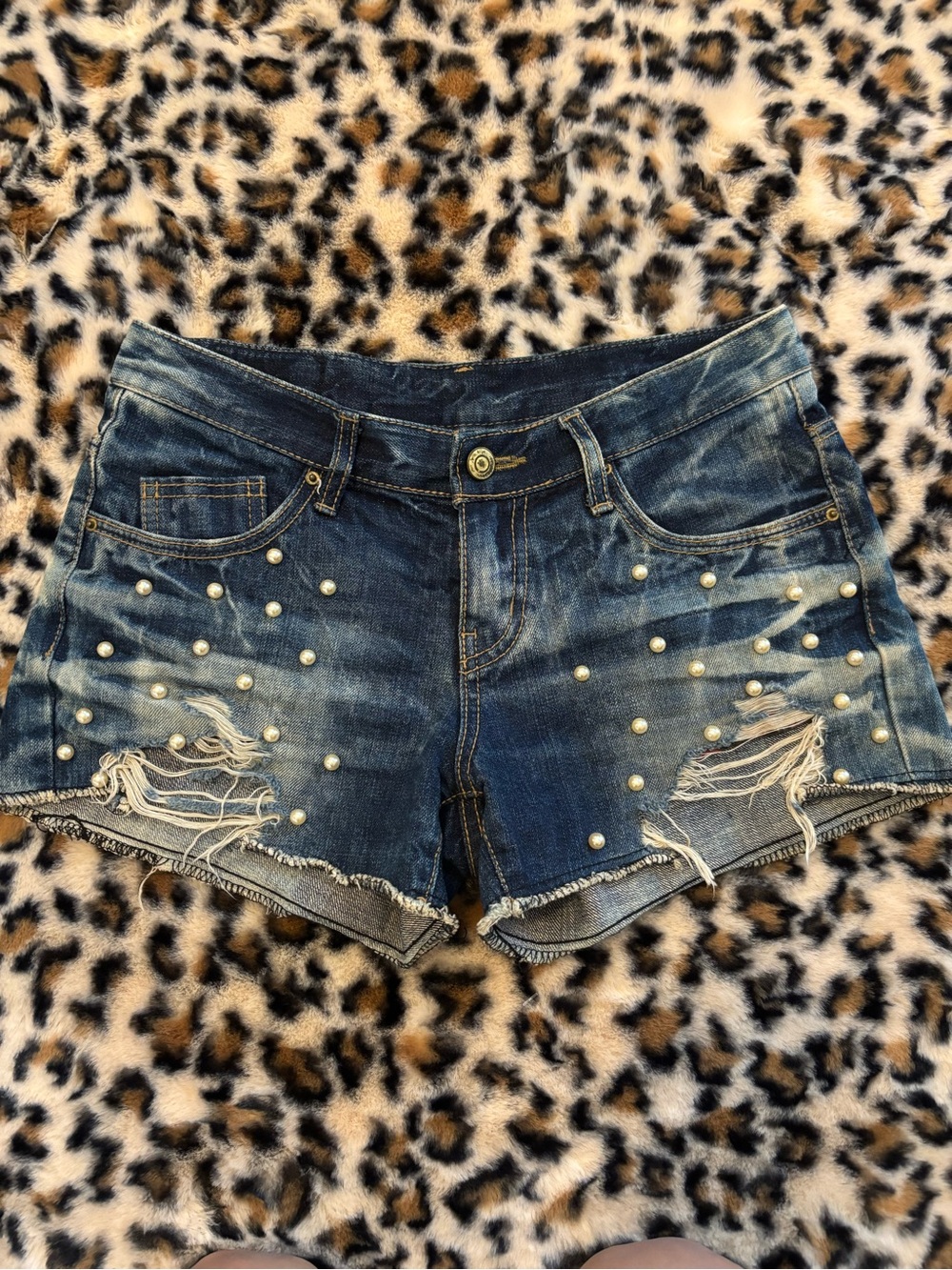 Pearl-Embellished Distressed Denim Shorts - Blue